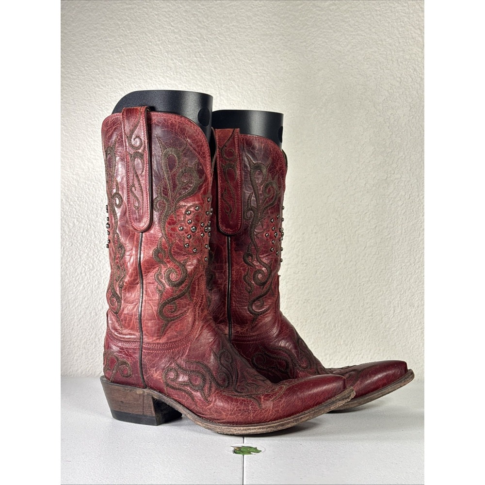Lucchese Womens Red Burnished Mad Dog Goat Leather Studded Cowboy Boots 7.5 C